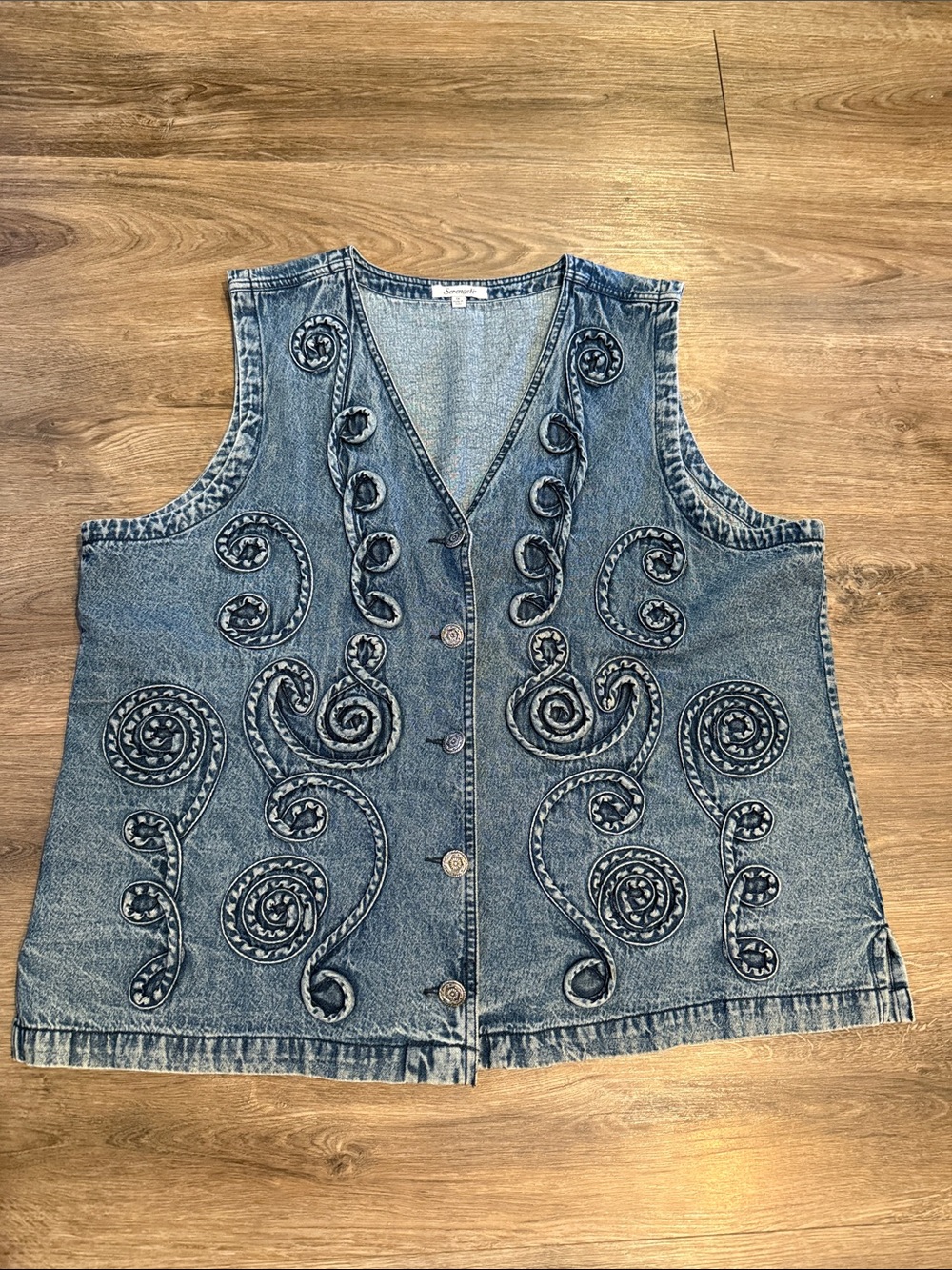 Serengeti Women's Ribbon Soutache 100% Cotton Denim Button-Up Vest Size 1X